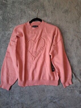 On 12th Sweater NWT Womens Large Pearl Heart Love Sweater Salmon Pink Soft